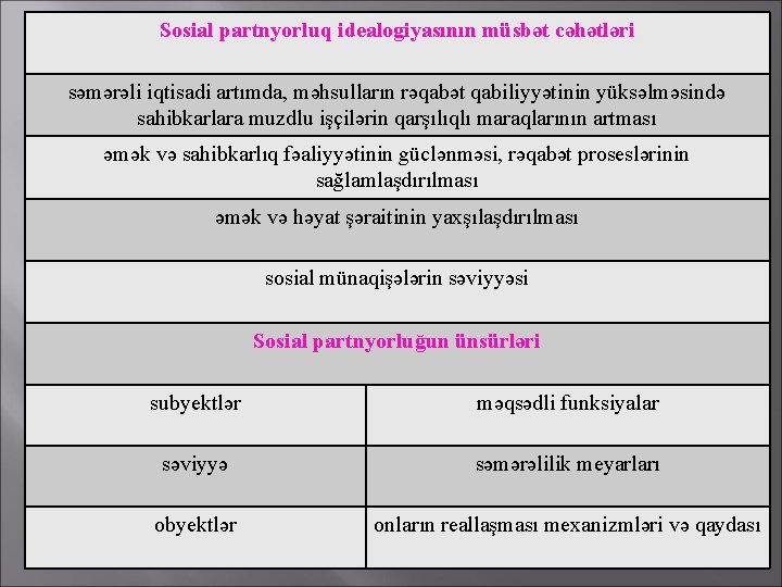 Sosial partnyorluq idealogiyasının müsbət cəhətləri səmərəli iqtisadi artımda, məhsulların rəqabət qabiliyyətinin yüksəlməsində sahibkarlara muzdlu