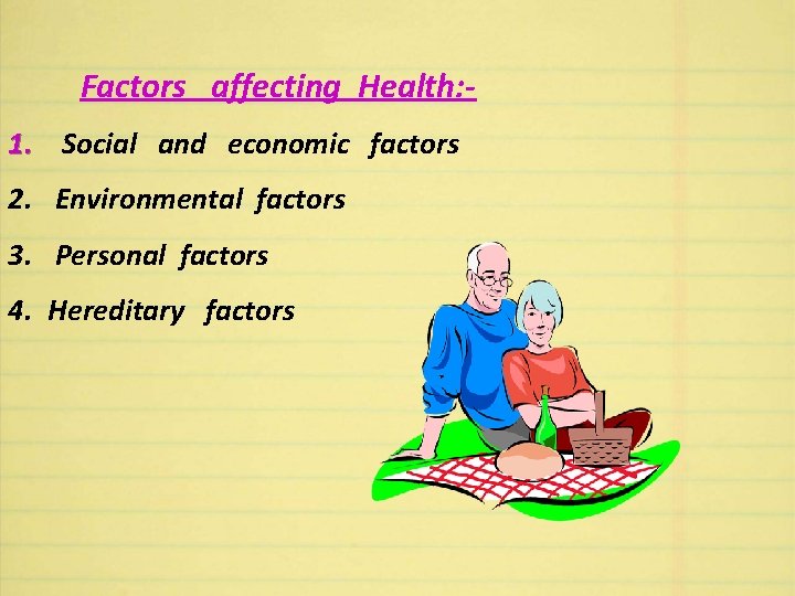 Factors affecting Health: 1. Social and economic factors 2. Environmental factors 3. Personal factors