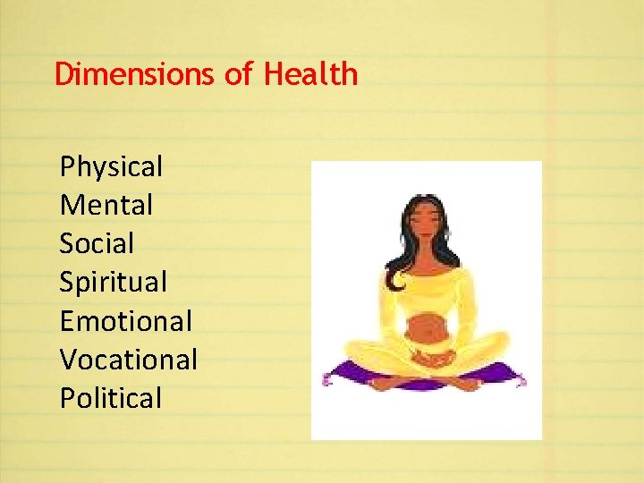 Dimensions of Health Physical Mental Social Spiritual Emotional Vocational Political 