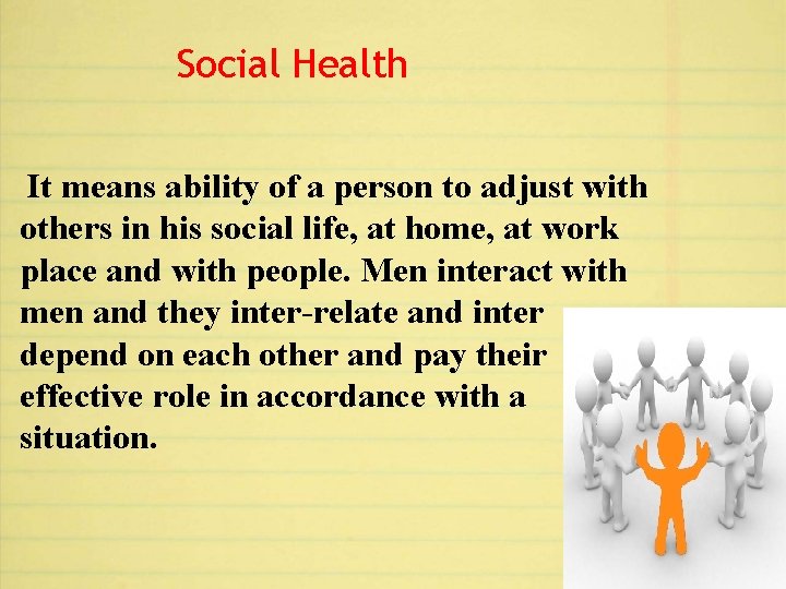 Social Health It means ability of a person to adjust with others in his