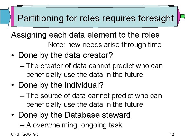 Partitioning for roles requires foresight Assigning each data element to the roles Note: new