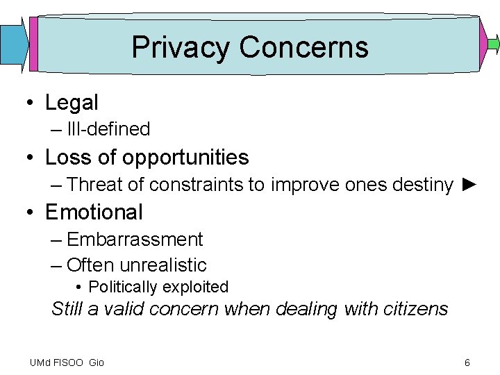Privacy Concerns • Legal – Ill-defined • Loss of opportunities – Threat of constraints