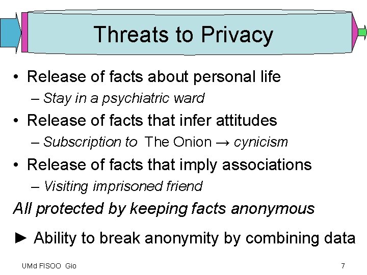 Threats to Privacy • Release of facts about personal life – Stay in a