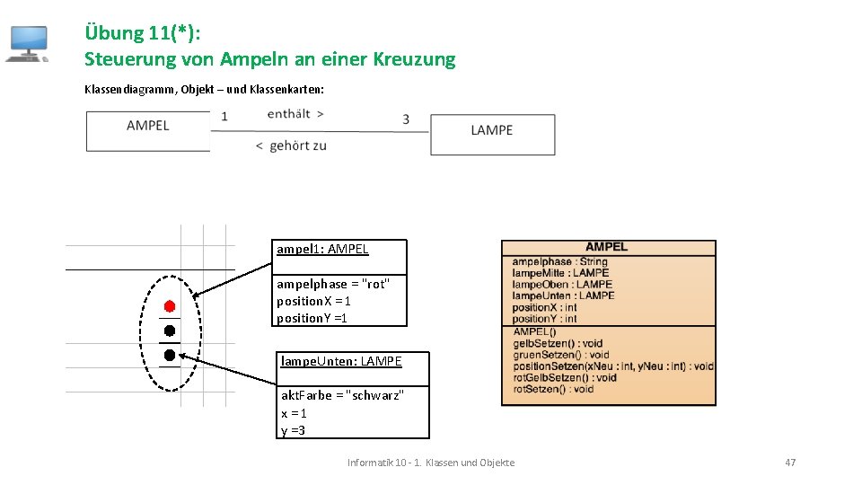 Übung 11(*): Steuerung von Ampeln an einer Kreuzung Klassendiagramm, Objekt – und Klassenkarten: ampel