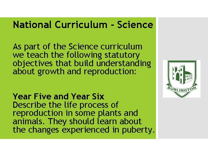 National Curriculum - Science As part of the Science curriculum we teach the following