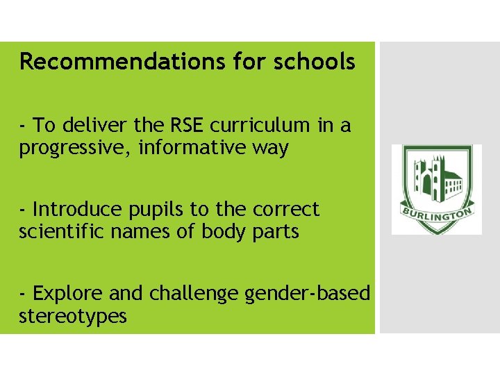 Recommendations for schools - To deliver the RSE curriculum in a progressive, informative way