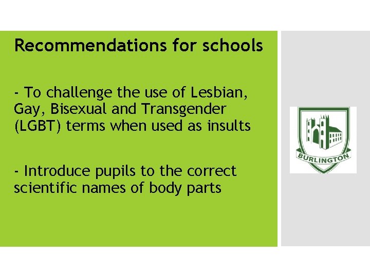 Recommendations for schools - To challenge the use of Lesbian, Gay, Bisexual and Transgender