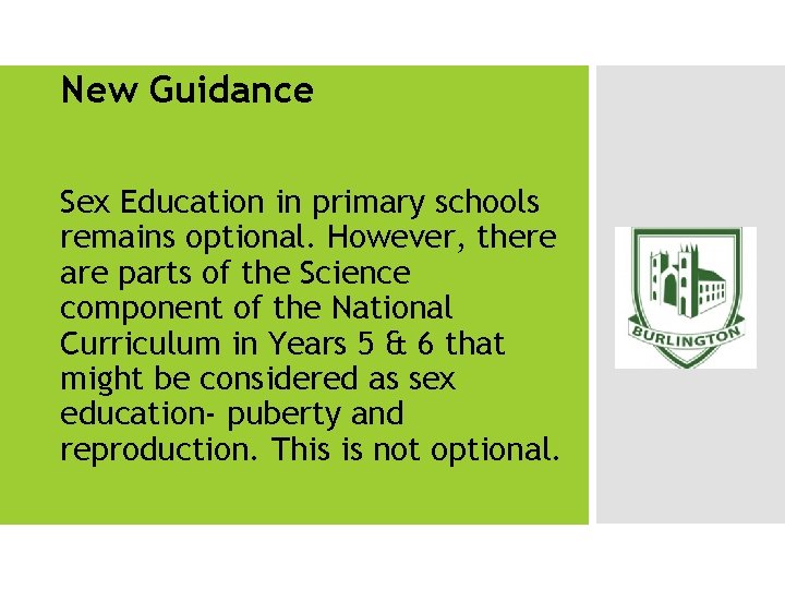 New Guidance Sex Education in primary schools remains optional. However, there are parts of