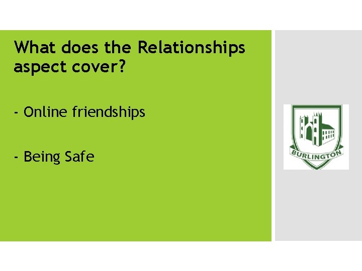 What does the Relationships aspect cover? - Online friendships - Being Safe 