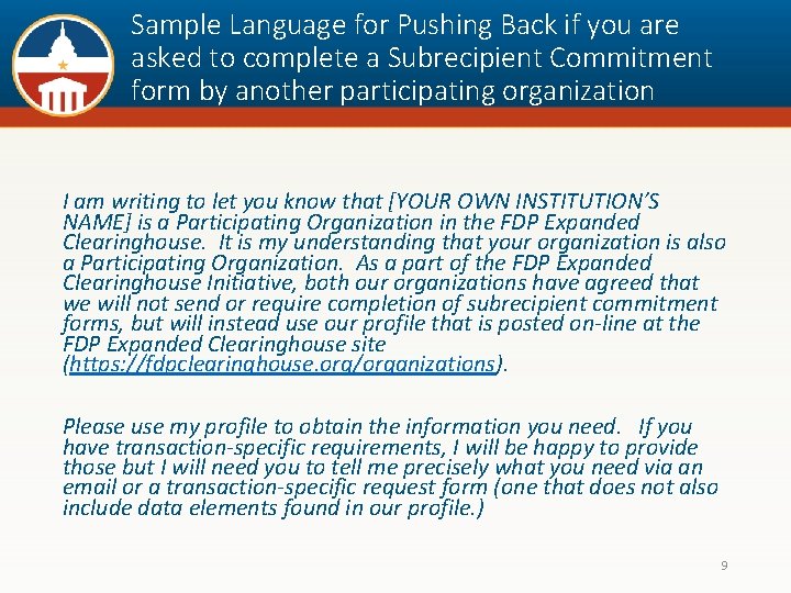 Sample Language for Pushing Back if you are asked to complete a Subrecipient Commitment