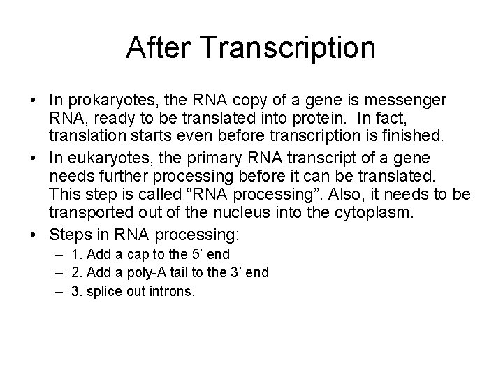 After Transcription • In prokaryotes, the RNA copy of a gene is messenger RNA,