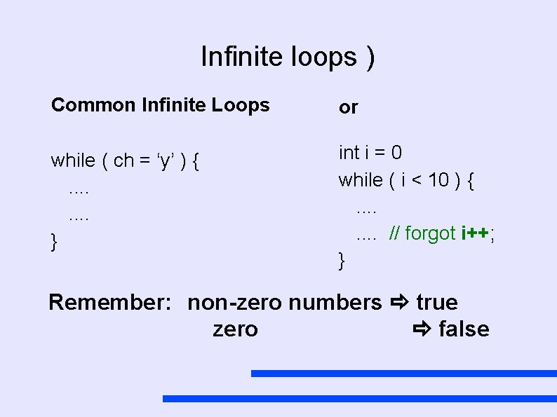 Infinite loops ) Common Infinite Loops or while ( ch = ‘y’ ) {.
