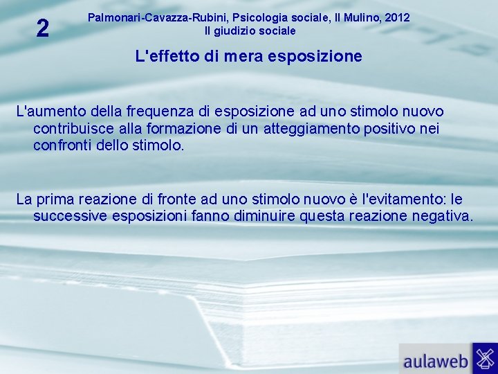 2 Palmonari-Cavazza-Rubini, Psicologia sociale, Il Mulino, 2012 Il giudizio sociale L'effetto di mera esposizione