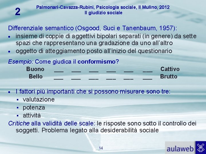 2 Palmonari-Cavazza-Rubini, Psicologia sociale, Il Mulino, 2012 Il giudizio sociale Differenziale semantico (Osgood, Suci