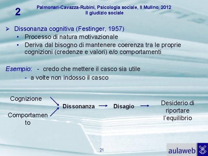 2 Palmonari-Cavazza-Rubini, Psicologia sociale, Il Mulino, 2012 Il giudizio sociale Dissonanza cognitiva (Festinger, 1957)