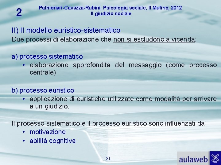 2 Palmonari-Cavazza-Rubini, Psicologia sociale, Il Mulino, 2012 Il giudizio sociale II) Il modello euristico-sistematico