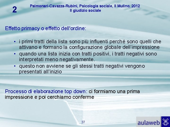 2 Palmonari-Cavazza-Rubini, Psicologia sociale, Il Mulino, 2012 Il giudizio sociale Effetto primacy o effetto