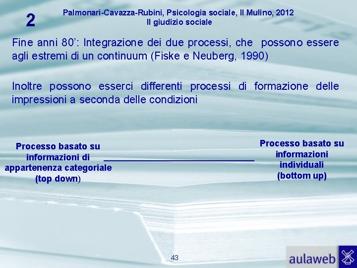 2 Palmonari-Cavazza-Rubini, Psicologia sociale, Il Mulino, 2012 Il giudizio sociale Fine anni 80’: Integrazione