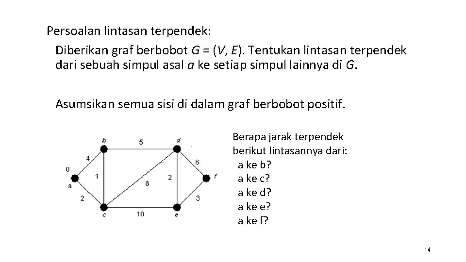 Persoalan lintasan terpendek: Diberikan graf berbobot G = (V, E). Tentukan lintasan terpendek dari