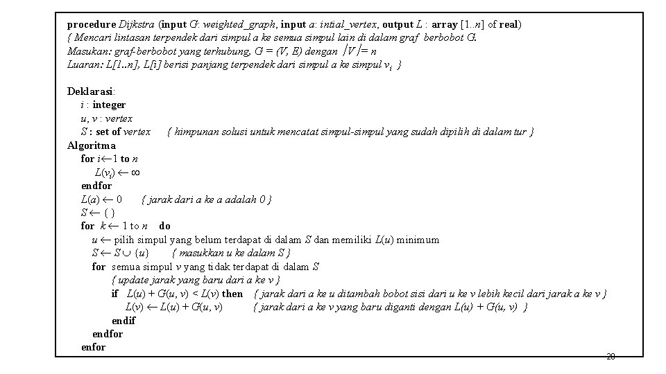 procedure Dijkstra (input G: weighted_graph, input a: intial_vertex, output L : array [1. .