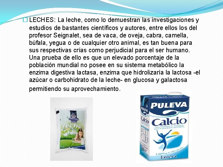 � LECHES: La leche, como lo demuestran las investigaciones y estudios de bastantes científicos