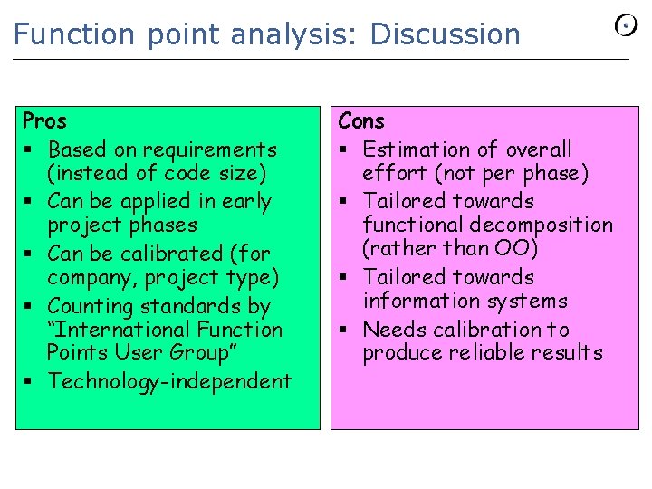 Function point analysis: Discussion Pros § Based on requirements (instead of code size) §