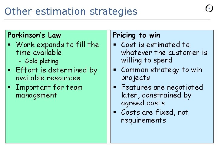 Other estimation strategies Parkinson’s Law § Work expands to fill the time available -