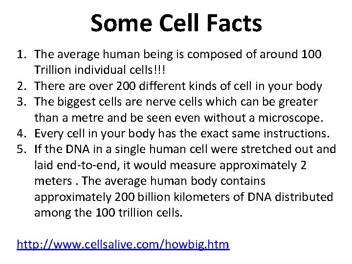 Some Cell Facts 1. The average human being is composed of around 100 Trillion