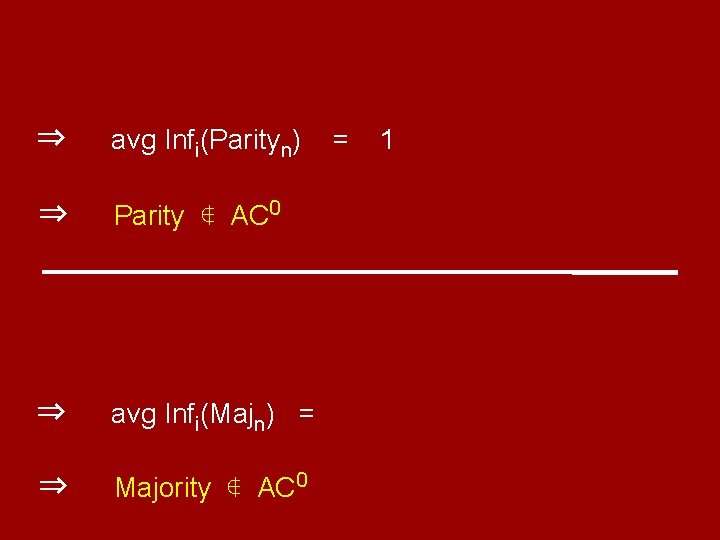 ⇒ avg Infi(Parityn) ⇒ Parity ∉ AC 0 ⇒ avg Infi(Majn) = ⇒ Majority