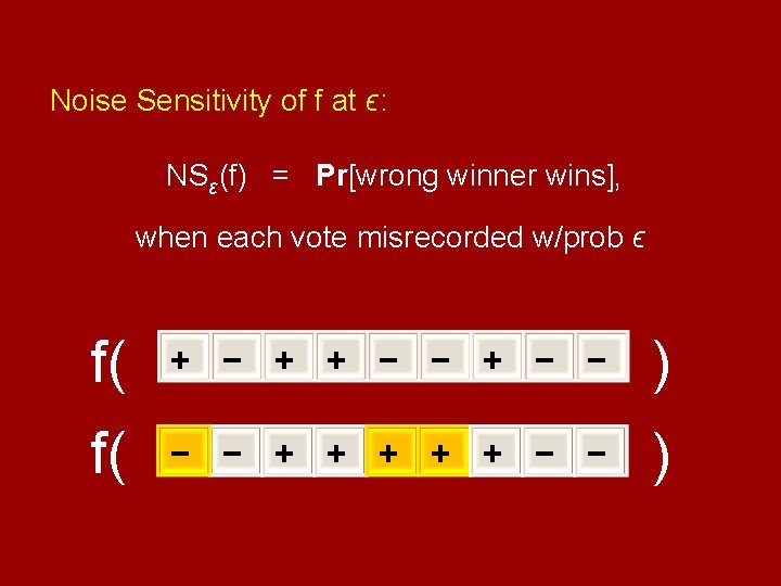 Noise Sensitivity of f at ϵ: NSԑ(f) = Pr[wrong winner wins], when each vote