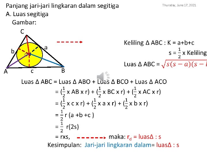 Panjang jari-jari lingkaran dalam segitiga A. Luas segitiga Gambar: C b A O● c