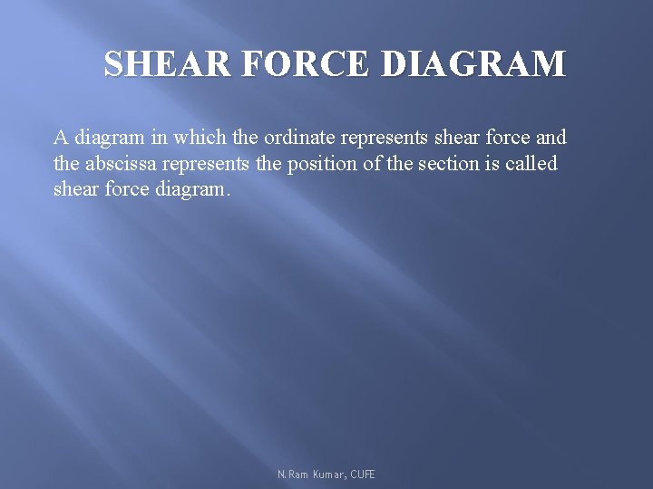SHEAR FORCE DIAGRAM A diagram in which the ordinate represents shear force and the