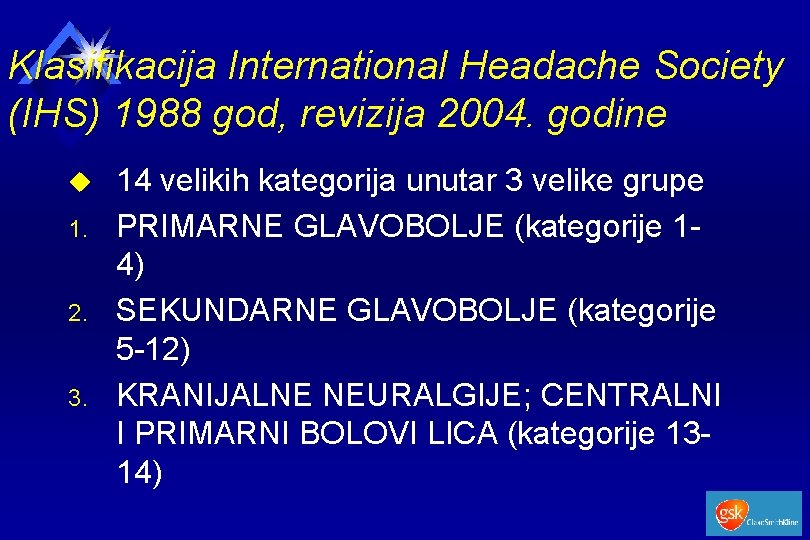 Klasifikacija International Headache Society (IHS) 1988 god, revizija 2004. godine u 1. 2. 3.