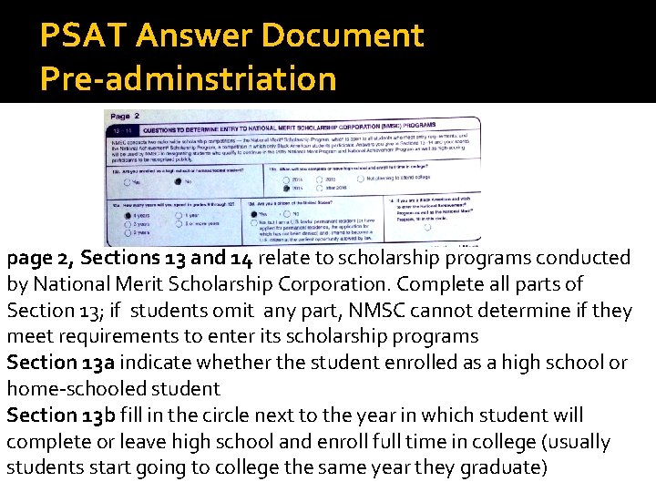 PSAT Answer Document Pre-adminstriation page 2, Sections 13 and 14 relate to scholarship programs