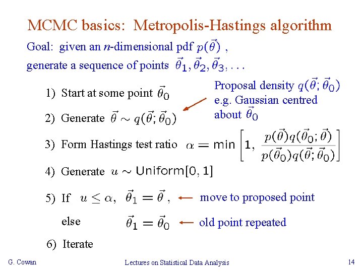 MCMC basics: Metropolis-Hastings algorithm Goal: given an n-dimensional pdf generate a sequence of points