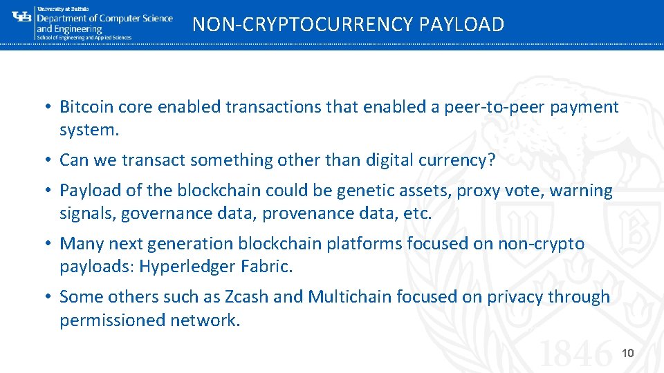 NON-CRYPTOCURRENCY PAYLOAD • Bitcoin core enabled transactions that enabled a peer-to-peer payment system. • NON-CRYPTOCURRENCY PAYLOAD • Bitcoin core enabled transactions that enabled a peer-to-peer payment system. •