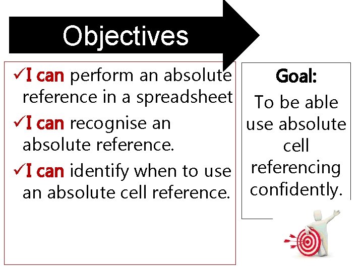 Objectives üI can perform an absolute Goal: reference in a spreadsheet To be able