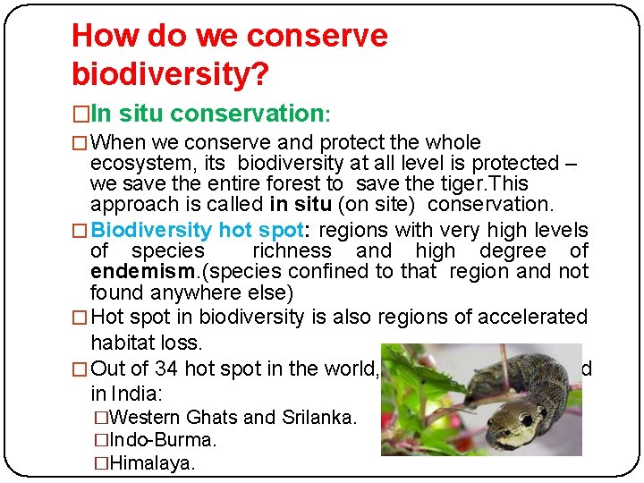 How do we conserve biodiversity? �In situ conservation: �When we conserve and protect the