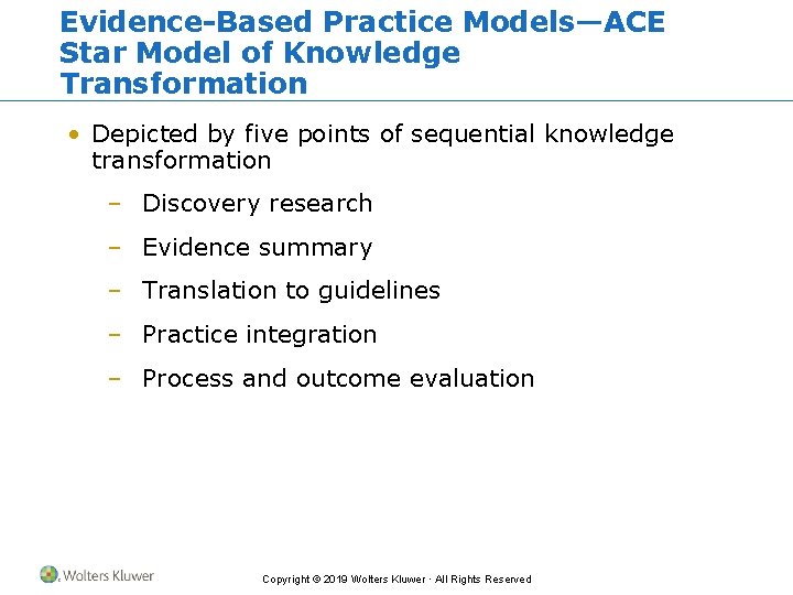 Evidence-Based Practice Models—ACE Star Model of Knowledge Transformation • Depicted by five points of