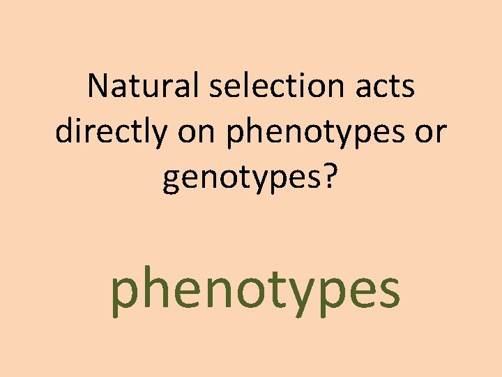 Natural selection acts directly on phenotypes or genotypes? phenotypes Natural selection acts directly on phenotypes or genotypes? phenotypes