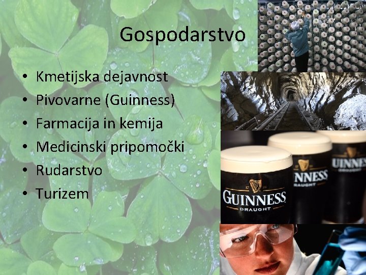Gospodarstvo • • • Kmetijska dejavnost Pivovarne (Guinness) Farmacija in kemija Medicinski pripomočki Rudarstvo Gospodarstvo • • • Kmetijska dejavnost Pivovarne (Guinness) Farmacija in kemija Medicinski pripomočki Rudarstvo