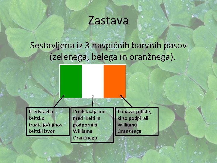 Zastava Sestavljena iz 3 navpičnih barvnih pasov (zelenega, belega in oranžnega). Predstavlja keltsko tradicijo/njihov Zastava Sestavljena iz 3 navpičnih barvnih pasov (zelenega, belega in oranžnega). Predstavlja keltsko tradicijo/njihov