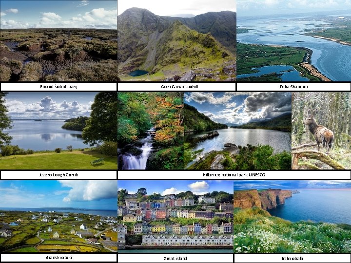 Eno od šotnih barij Gora Carrantuohill Jezero Lough Corrib Aranski otoki Reka Shannon Killarney Eno od šotnih barij Gora Carrantuohill Jezero Lough Corrib Aranski otoki Reka Shannon Killarney
