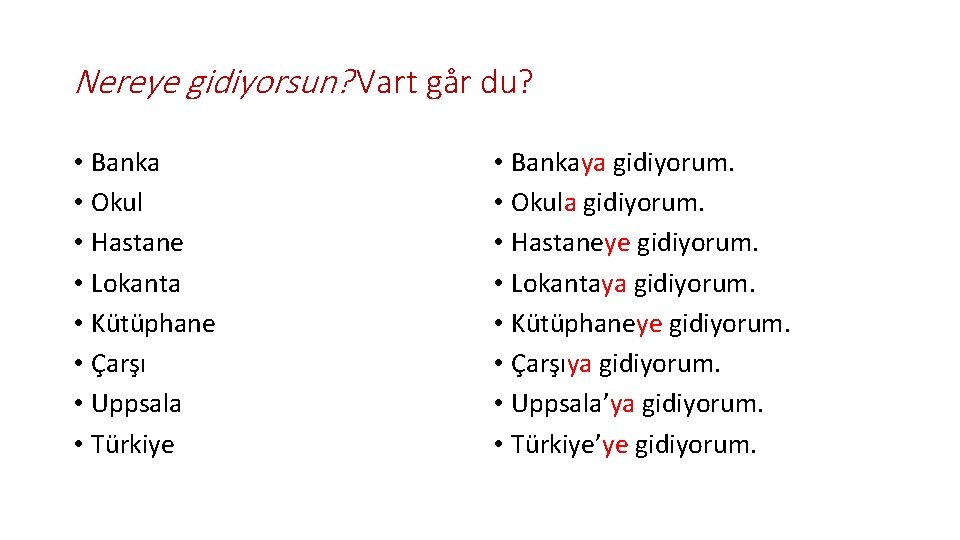 Nereye gidiyorsun? Vart går du? • Banka • Okul • Hastane • Lokanta •