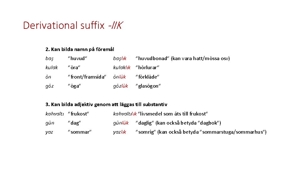 Derivational suffix -l. IK 2. Kan bilda namn på föremål baş ”huvud” başlık ”huvudbonad”