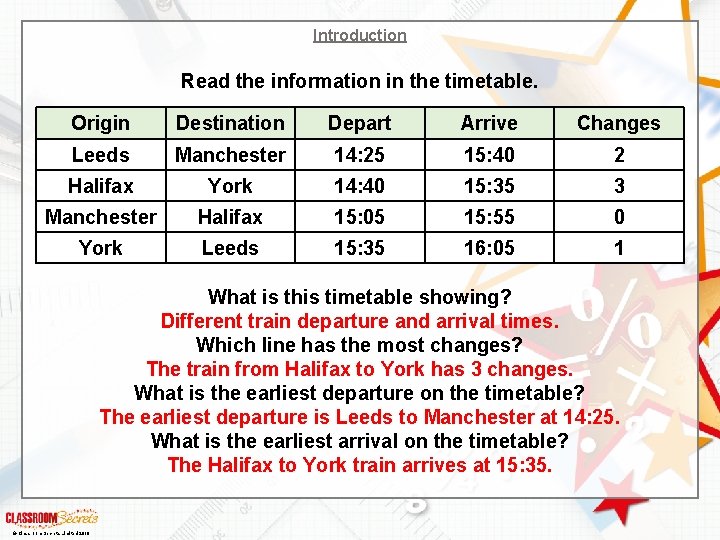 Introduction Read the information in the timetable. Origin Destination Depart Arrive Changes Leeds Manchester