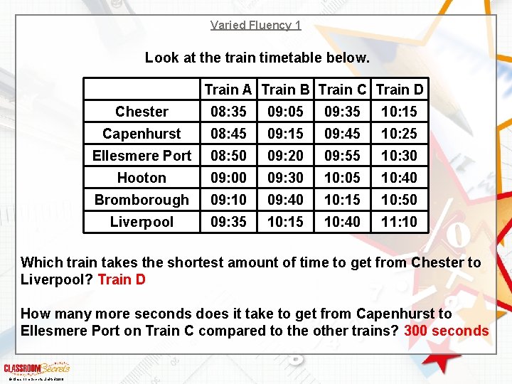 Varied Fluency 1 Look at the train timetable below. Train A Train B Train