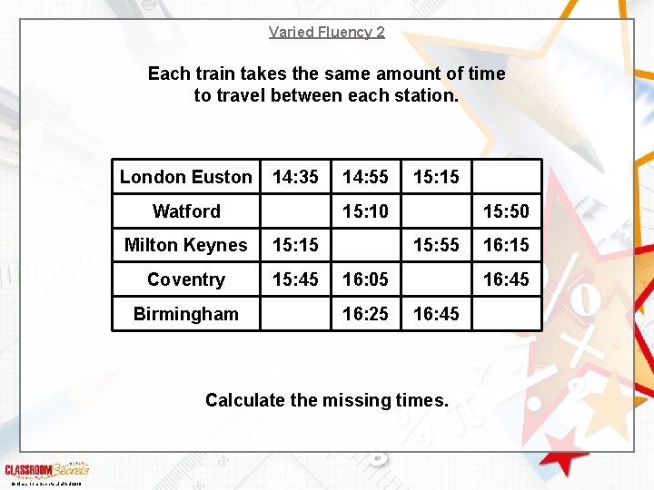 Varied Fluency 2 Each train takes the same amount of time to travel between