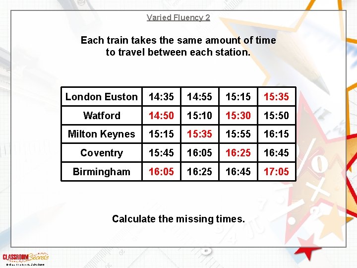 Varied Fluency 2 Each train takes the same amount of time to travel between