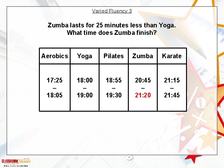 Varied Fluency 3 Zumba lasts for 25 minutes less than Yoga. What time does